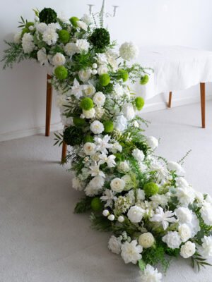 001 White Green Cascade Artificial Flower Arrangement, Table Runner Wedding Arch Floral Decor