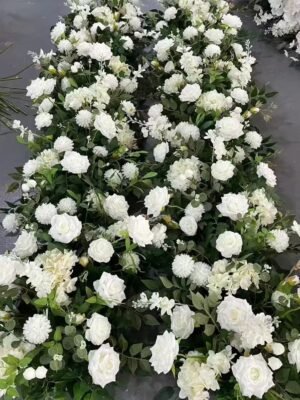 005 White Green Artificial Flower Row, Rose & Greenery Aisle Runner, Wedding Ceremony Floor Floral Arrangement for Event Party Decor