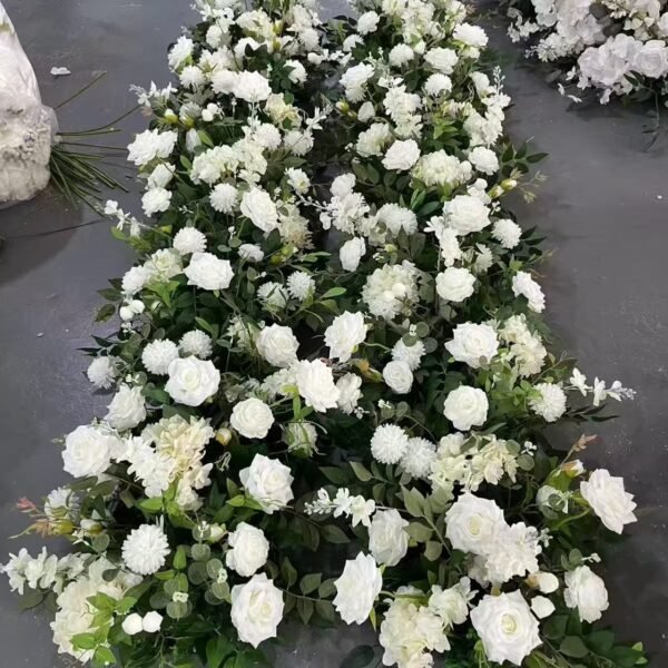 White Green Artificial Flower Row, Rose & Greenery Aisle Runner, Wedding Ceremony Floor Floral Arrangement for Event Party Decor