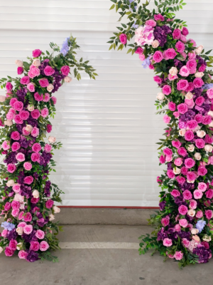 Pink Purple Asymmetrical Floral Arch With Metal Stand, 2.3m & 1.9m Dual‑Height Artificial Flower Gate for Wedding Event Backdrop