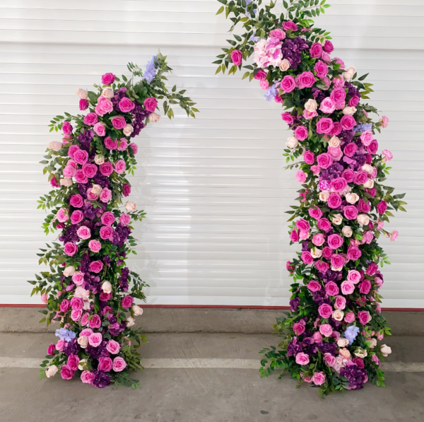 Pink Purple Asymmetrical Floral Arch With Metal Stand, 2.3m & 1.9m Dual‑Height Artificial Flower Gate for Wedding Event Backdrop