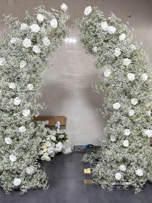White Gypsophila Floral Arch With Metal Stand, 2.3m Symmetrical Artificial Rose Baby Breath Flower Gate for Wedding Event Backdrop