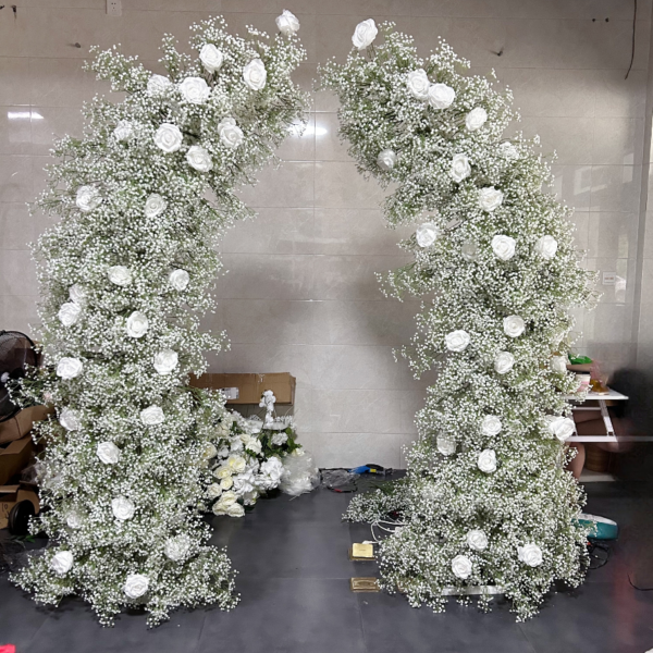 White Gypsophila Floral Arch With Metal Stand, 2.3m Symmetrical Artificial Rose Baby Breath Flower Gate for Wedding Event Backdrop