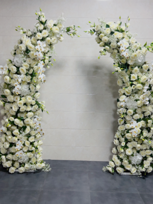 White Green Symmetrical Floral Arch With Metal Stand, 2.3m Artificial Mixed Flower Gate for Wedding Ceremony Event Backdrop