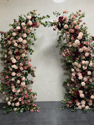 Dusty Rose Burgundy Symmetrical Floral Arch With Metal Stand, 2.3M Mixed Artificial Rose Flower Gate for Wedding Event Backdrop