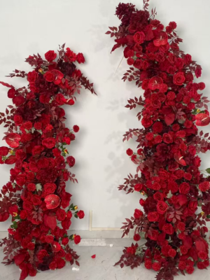 Burgundy Red Asymmetrical Floral Arch With Metal Stand, 2.3m &1.9m Artificial Mixed Rose Flower Gate for Wedding Event Backdrop