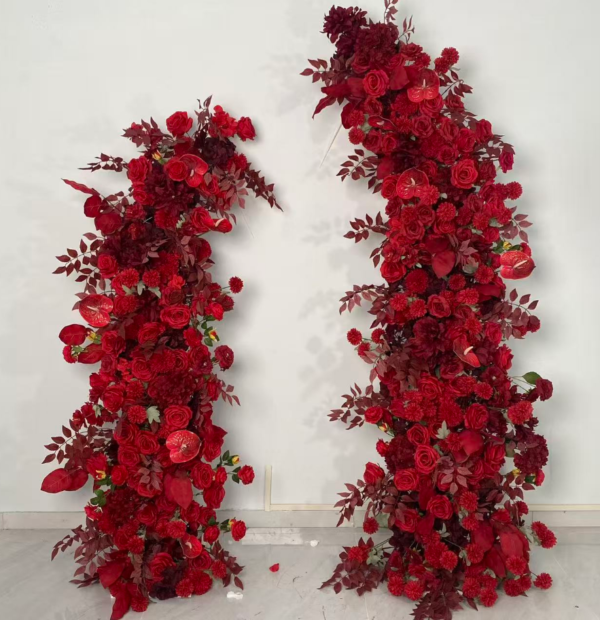 Burgundy Red Asymmetrical Floral Arch With Metal Stand, 2.3m &1.9m Artificial Mixed Rose Flower Gate for Wedding Event Backdrop
