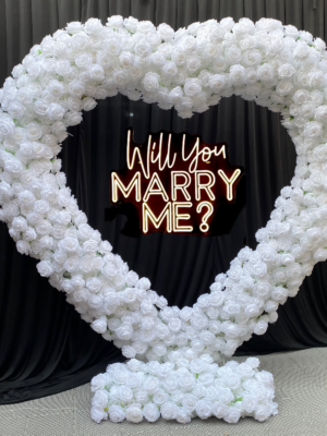 White Heart‑Shaped Floral Arch With Metal Stand, 2M Artificial Rose Heart Flower Backdrop for Wedding Proposal Party Decor