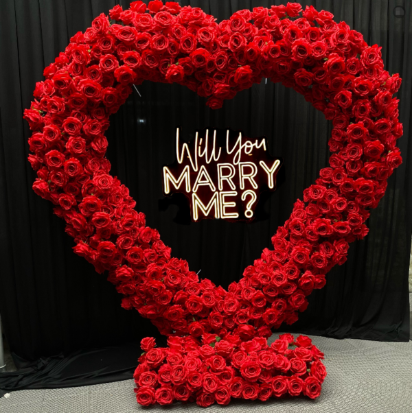 Red Heart‑Shaped Floral Arch With Metal Stand, 2M Artificial Rose Heart Flower Backdrop for Wedding Proposal Party Decor