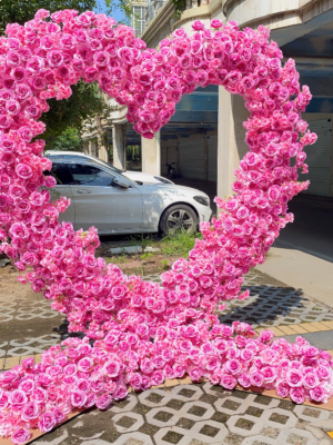 Hot Pink Heart‑Shaped Floral Arch With Metal Stand, 2M Artificial Rose Heart Flower Backdrop for Wedding Proposal Party Decor