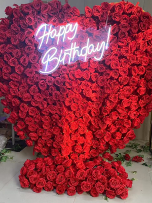 Solid Red Heart‑Shaped Floral Backdrop With Metal Stand, 2M Full Artificial Rose Heart Wall for Wedding Birthday Party Decor