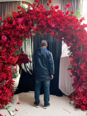 Red Mixed Floral Arch With Metal Stand, 2.4M Artificial Flower Arch Backdrop for Wedding Ceremony Party Decor