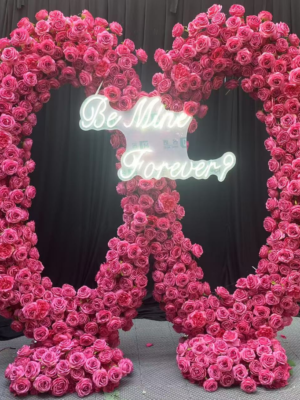 Dual Circular Floral Arch With Metal Stand, 2M Hot‑Pink Double Ring Artificial Flower Backdrop for Wedding Proposal Party Decor