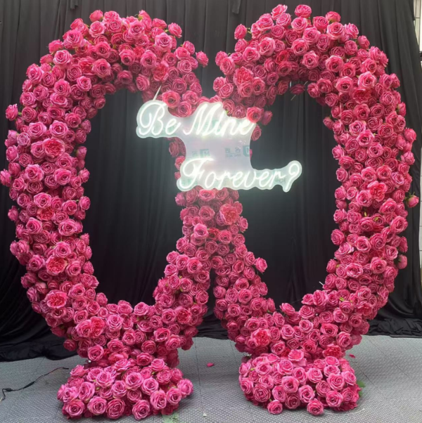 Dual Circular Floral Arch With Metal Stand, 2M Hot‑Pink Double Ring Artificial Flower Backdrop for Wedding Proposal Party Decor