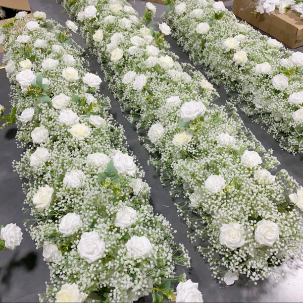 White Rose Baby's Breath Flower Runner With Stand, 100×40cm Artificial Aisle Floral Row for Wedding Party Ceremony Decor