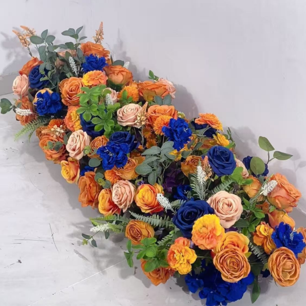 Orange & Navy Blue Mixed Flower Runner With Stand, 100×40cm Artificial Aisle Floral Row for Wedding Party Ceremony Decor