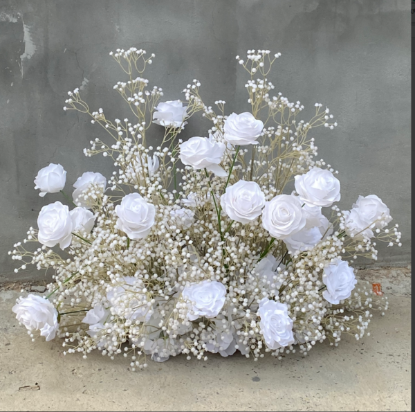 White Rose Baby's Breath Flower Runner With Stand, 80cm Artificial Aisle Floral Row for Wedding Party Ceremony Decor