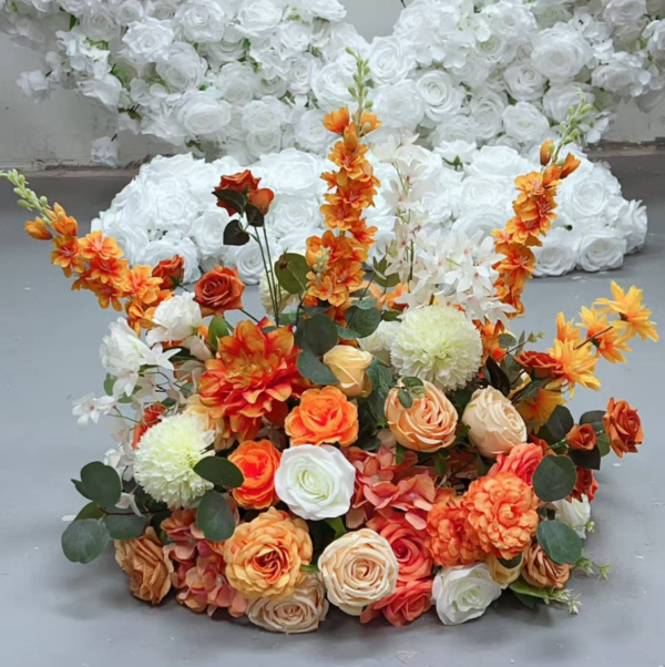 Autumn Orange Yellow Mixed Flower Runner With Stand, 60cm Artificial Aisle Floral Row for Wedding Party Ceremony Decor