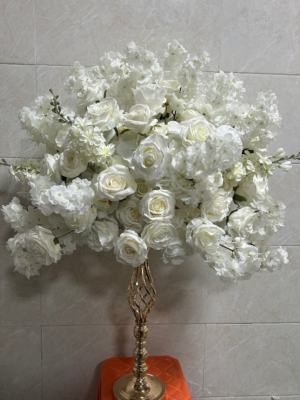 All‑White Rose Delphinium Table Centerpiece Flower, 60cm Diameter Artificial Wedding Table Decor, Base Not Included