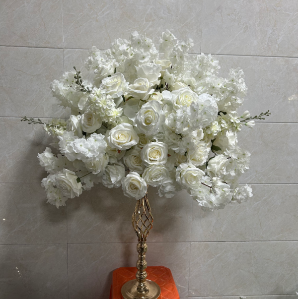 All‑White Rose Delphinium Table Centerpiece Flower, 60cm Diameter Artificial Wedding Table Decor, Base Not Included