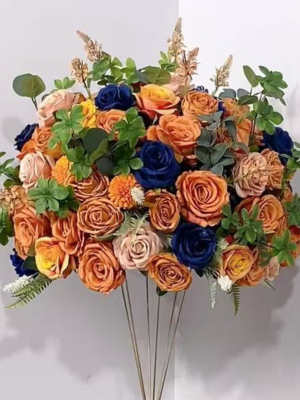 Retro Orange Navy Blue Mixed Rose Table Centerpiece Flower, 60cm Diameter Artificial Wedding Table Decor, Base Not Included