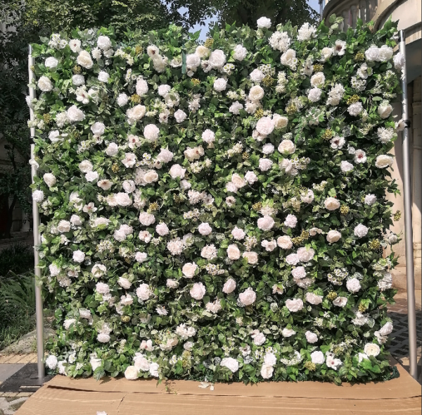 Green Foliage & White Rose Artificial Flower Wall | Wedding & Birthday Party Photo Backdrop, Sold Per Square Meter