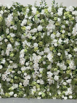 White & Green Hanging Silk Flower Wall | Wedding & Birthday Party Photo Backdrop, Sold Per Square Meter