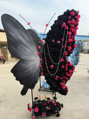 Artificial Flower Butterfly Backdrop, Half Hand Painted Half Floral Butterfly Decor, 2.2m H x1.8m W, Wedding & Birthday Party Photo Booth Prop