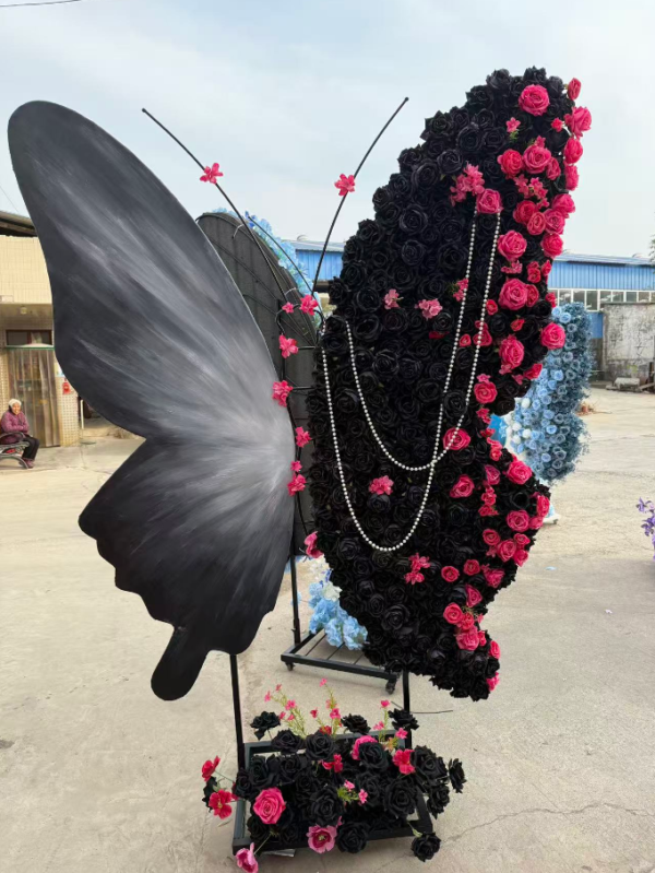 Artificial Flower Butterfly Backdrop, Half Hand Painted Half Floral Butterfly Decor, 2.2m H x1.8m W, Wedding & Birthday Party Photo Booth Prop