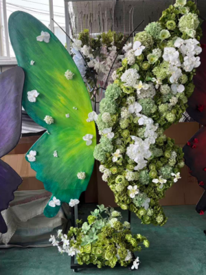 Half Hand Painted & Half Floral Giant Butterfly Backdrop, Green White Silk Flower Butterfly Decor, H2.2m W1.8m, Wedding Birthday Event Photo Prop