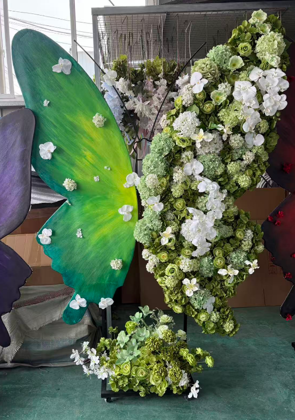 Half Hand Painted & Half Floral Giant Butterfly Backdrop, Green White Silk Flower Butterfly Decor, H2.2m W1.8m, Wedding Birthday Event Photo Prop