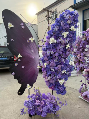 Half Hand Painted & Half Floral Giant Butterfly Backdrop, Purple White Silk Flower Butterfly Decor, H2.2m W1.8m, Wedding Birthday Event Photo Prop
