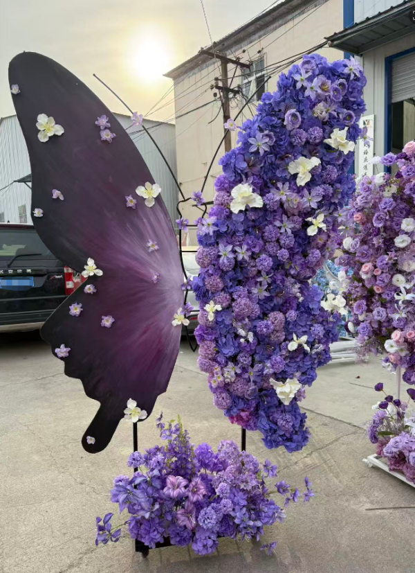 Half Hand Painted & Half Floral Giant Butterfly Backdrop, Purple White Silk Flower Butterfly Decor, H2.2m W1.8m, Wedding Birthday Event Photo Prop