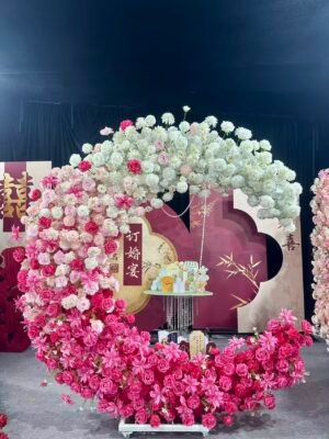 Red & White Gradient Moon Shape Silk Floral Decor, 2M | Wedding & Birthday Party Backdrop, With Frame & Tulle