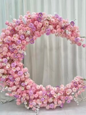 Pink Purple Gradient Moon Shape Silk Floral Decor, 2M | Wedding & Birthday Party Backdrop, With Frame & Tulle