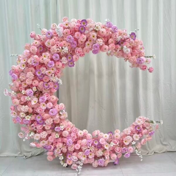 Pink Purple Gradient Moon Shape Silk Floral Decor, 2M | Wedding & Birthday Party Backdrop, With Frame & Tulle