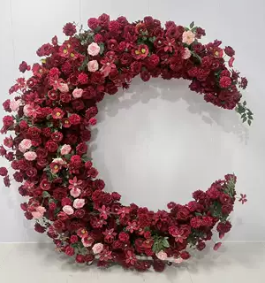 Burgundy Red Moon Shape Silk Floral Decor, 2M | Wedding & Birthday Party Backdrop, With Frame & Tulle