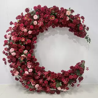 Burgundy Red Moon Shape Silk Floral Decor, 2M | Wedding & Birthday Party Backdrop, With Frame & Tulle