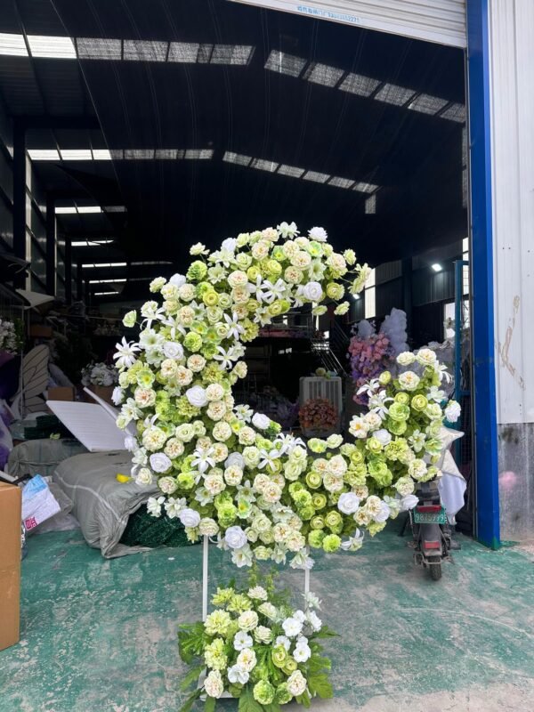 White & Green Moon Shape Silk Floral Decor, 1.8M | Wedding & Birthday Party Backdrop, With Frame & Tulle
