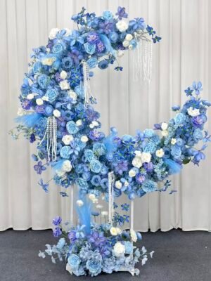 Blue & White Moon Shape Silk Floral Decor, 1.8M | Wedding & Birthday Party Backdrop, With Frame & Tulle