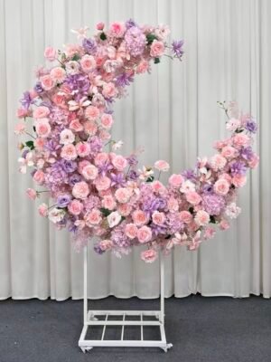 Pink & Lavender Moon Shape Silk Floral Decor, 1.8M | Wedding & Birthday Party Backdrop, With Frame & Tulle