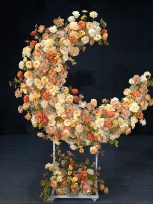 Autumn Orange & Cream Moon Shape Silk Floral Decor, 1.8M | Wedding & Birthday Party Backdrop, With Frame & Tulle