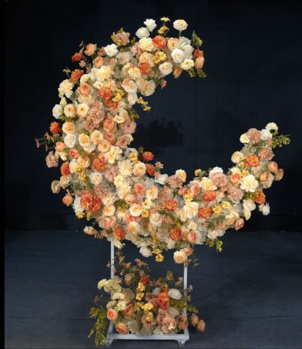 Autumn Orange & Cream Moon Shape Silk Floral Decor, 1.8M | Wedding & Birthday Party Backdrop, With Frame & Tulle